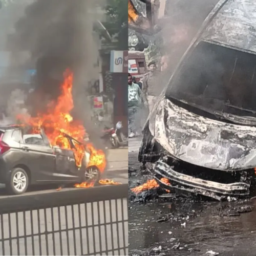जमशेदपुर में चलते-चलते आग का गोला बनी कार: चार लोगों ने कूदकर बचाई जान, कुछ ही सेकंड में राख में बदला वाहन